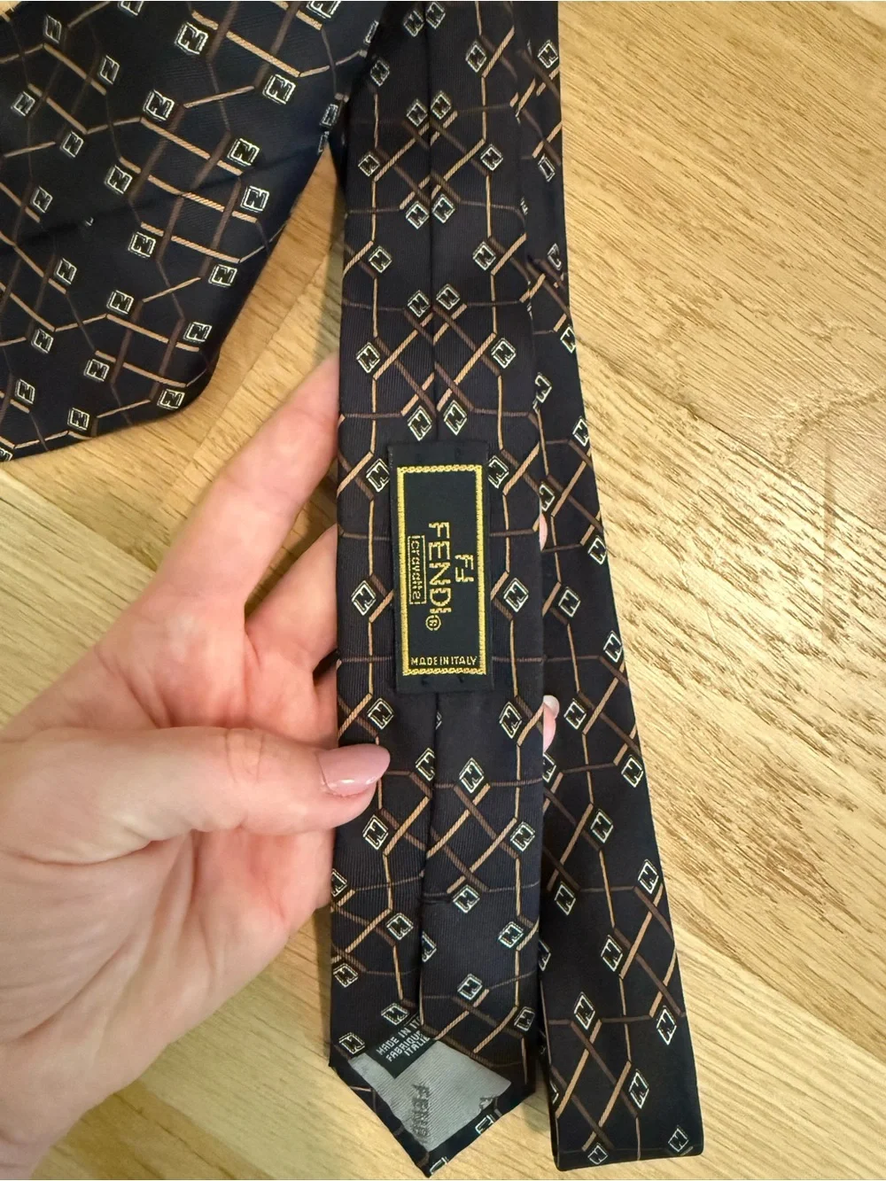 Vintage Fendi FF Logo Silk Tie Black Brown Geometric Made in Italy Preppy